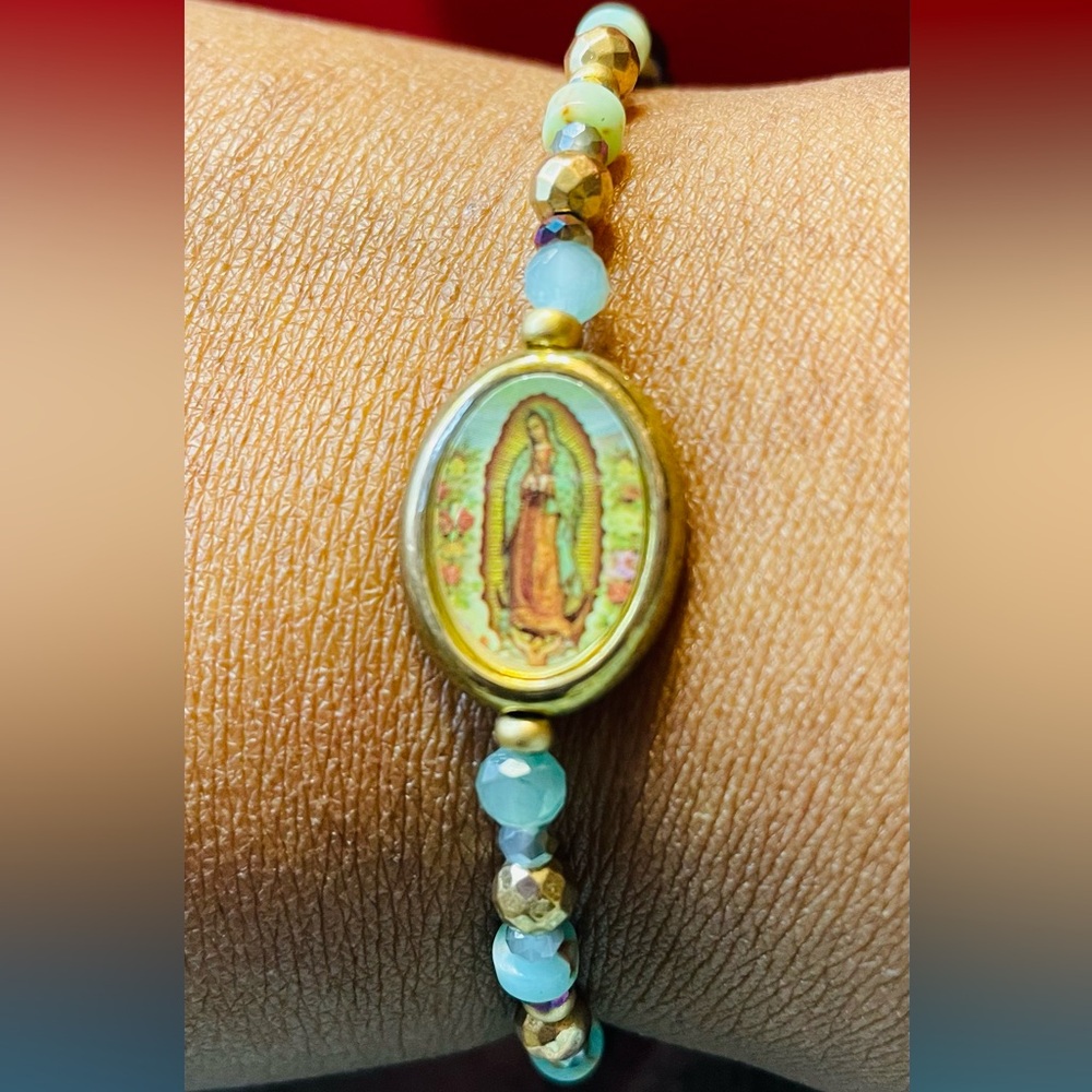 Our Lady of Guadalupe Hematite Bead  Bracelet. Two sided Virgin Mary Charm. 8 in